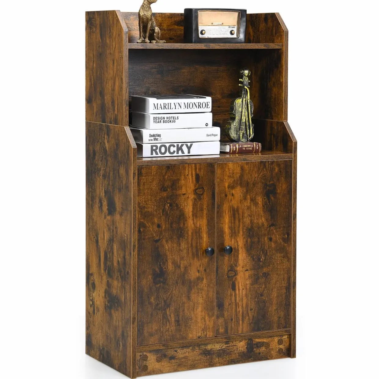 Tangkula Rustic Bookcase, Storage Cabinet with 2 Open Shelves and 2 Doors