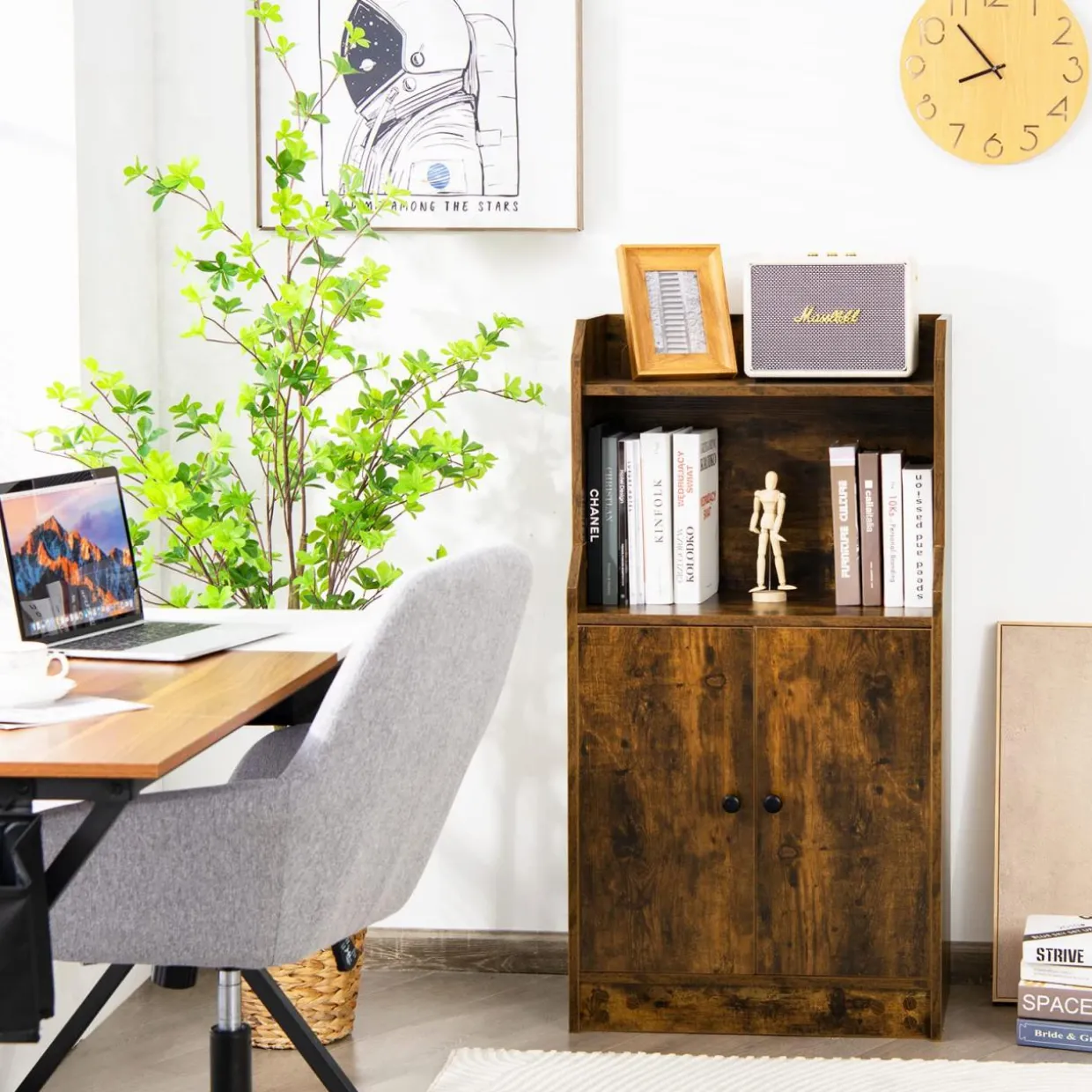 Tangkula Rustic Bookcase, Storage Cabinet with 2 Open Shelves and 2 Doors