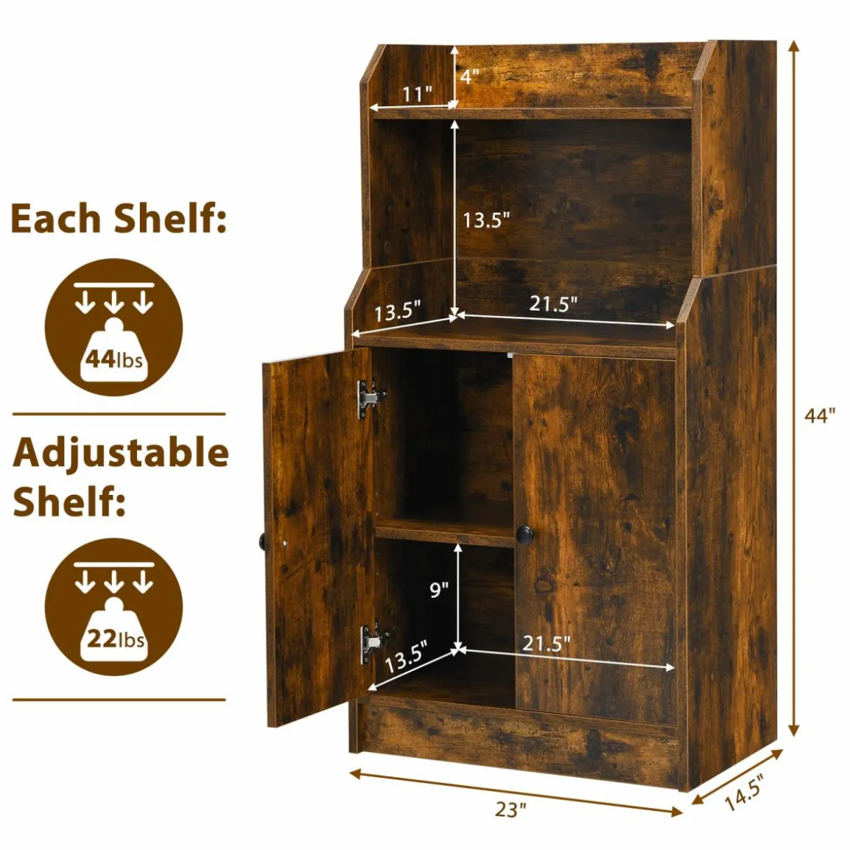 Tangkula Rustic Bookcase, Storage Cabinet with 2 Open Shelves and 2 Doors