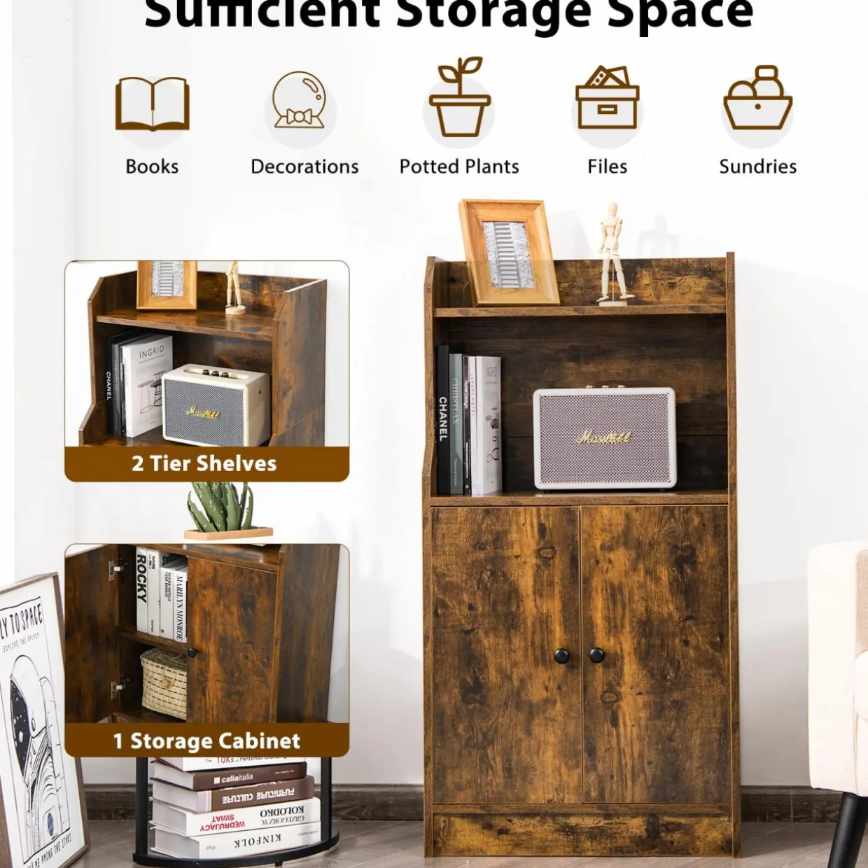 Tangkula Rustic Bookcase, Storage Cabinet with 2 Open Shelves and 2 Doors