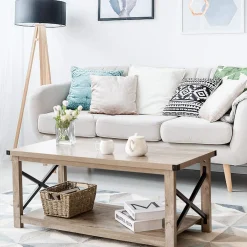 Tangkula Rustic Coffee Table, Farmhouse Accent Cocktail Table w/2 Tier Storage Shelf, Wide Tabletop & X Metal Frame