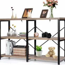 Tangkula Rustic Console Sofa Table, 3 Tier Console Table with Shelves, Industrial Foyer Table with Adjustable Feet, Living Room TV Stand