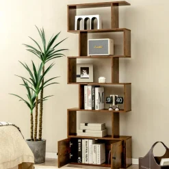 Tangkula S Shaped Bookshelf with Cabinet, 6-Tier Bookcase with Doors, Freestanding Geometric Bookshelves for Living Room