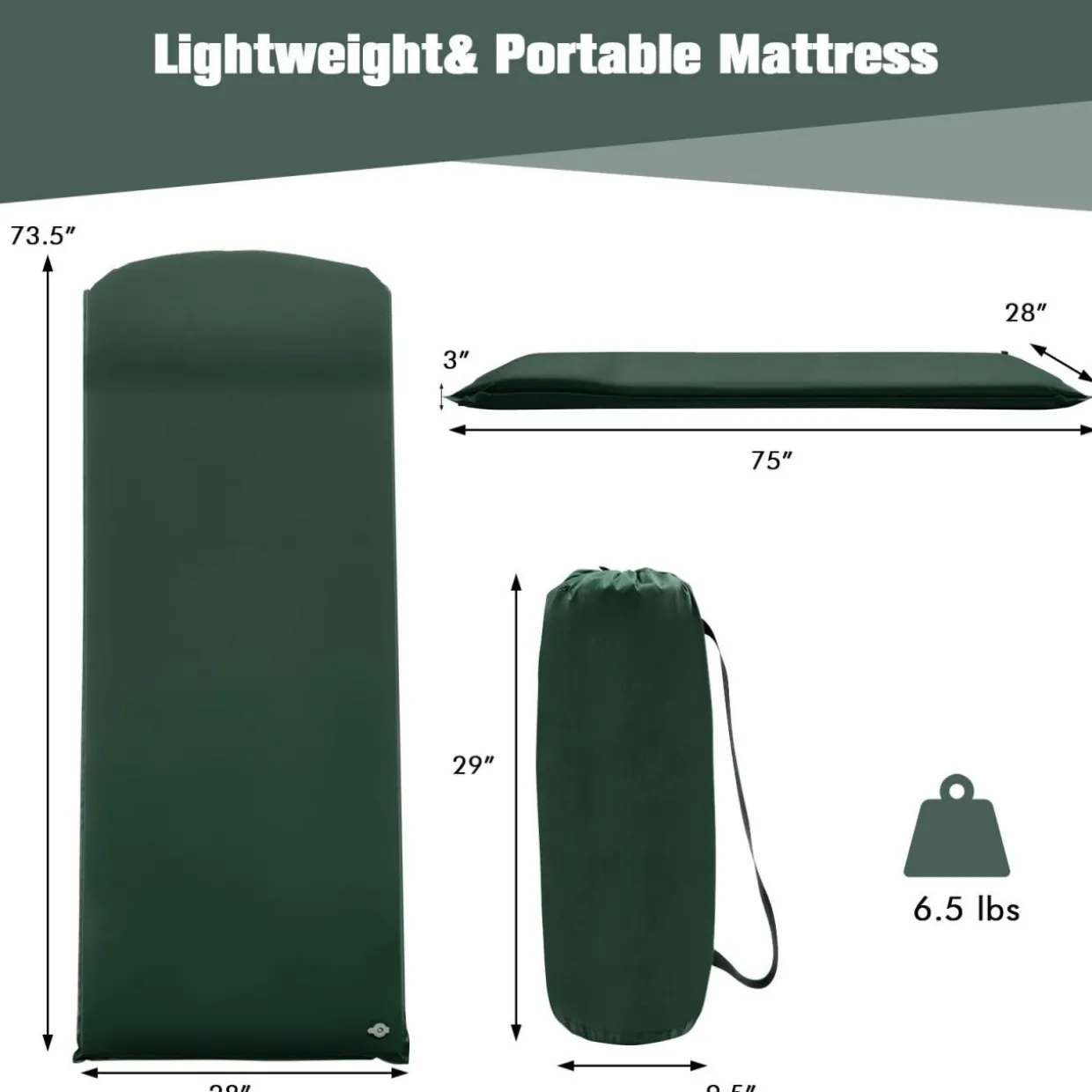 Tangkula Self-Inflating Sleeping Pad, 3 inch Thick Camping Mattress w/Built-in Valve, Green