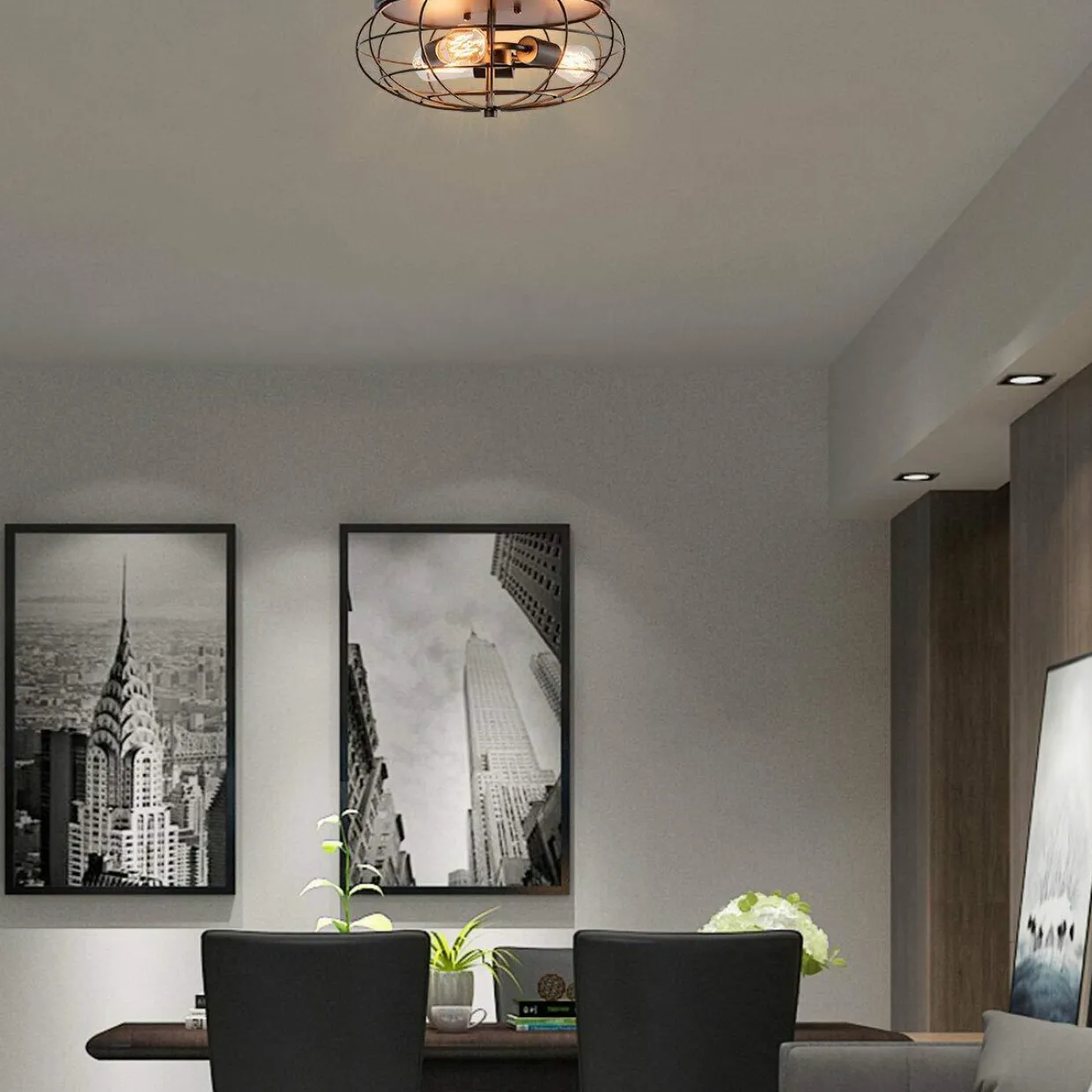 Tangkula Semi Flush Mount Ceiling Light, 3-Light Industrial Style Rustic Ceiling Light Fixture with Iron Metal Cage Lampshade