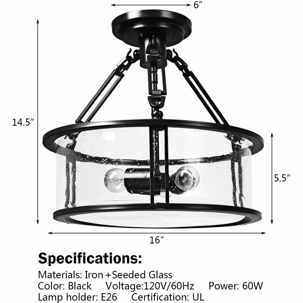 Tangkula Semi Flush Mount Ceiling Light, 3-Light Close to Ceiling Light with Bubble Glass Lampshade