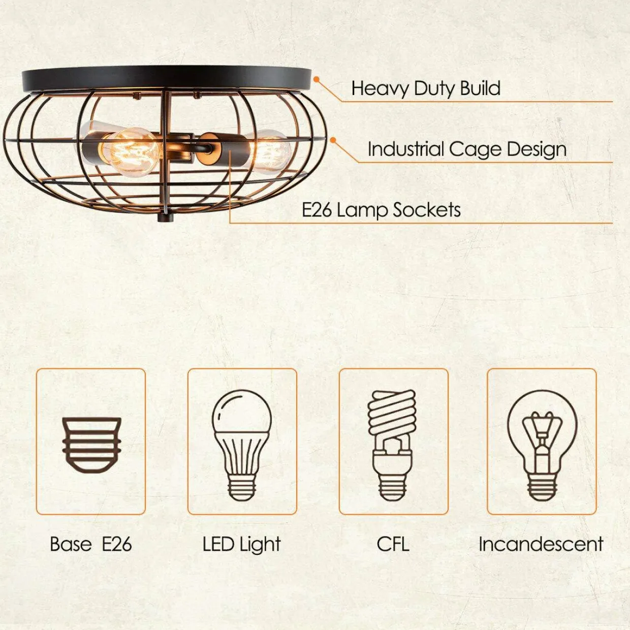 Tangkula Semi Flush Mount Ceiling Light, 3-Light Industrial Style Rustic Ceiling Light Fixture with Iron Metal Cage Lampshade