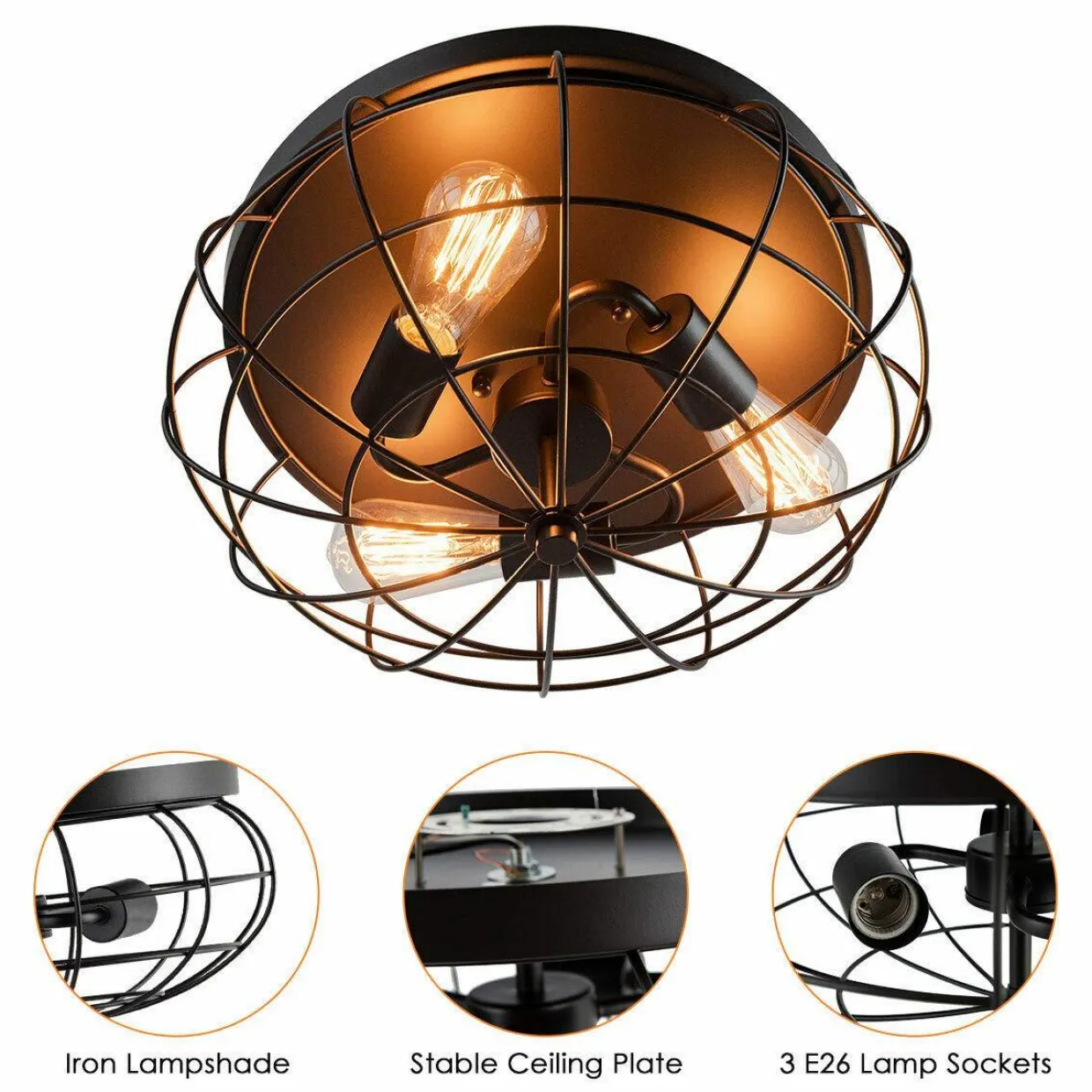 Tangkula Semi Flush Mount Ceiling Light, 3-Light Industrial Style Rustic Ceiling Light Fixture with Iron Metal Cage Lampshade