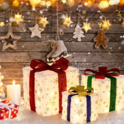 Tangkula Set of 3 Christmas Lighted Gift Boxes, Pre-lit Christmas Decoration with 48 Bright Warm Lights