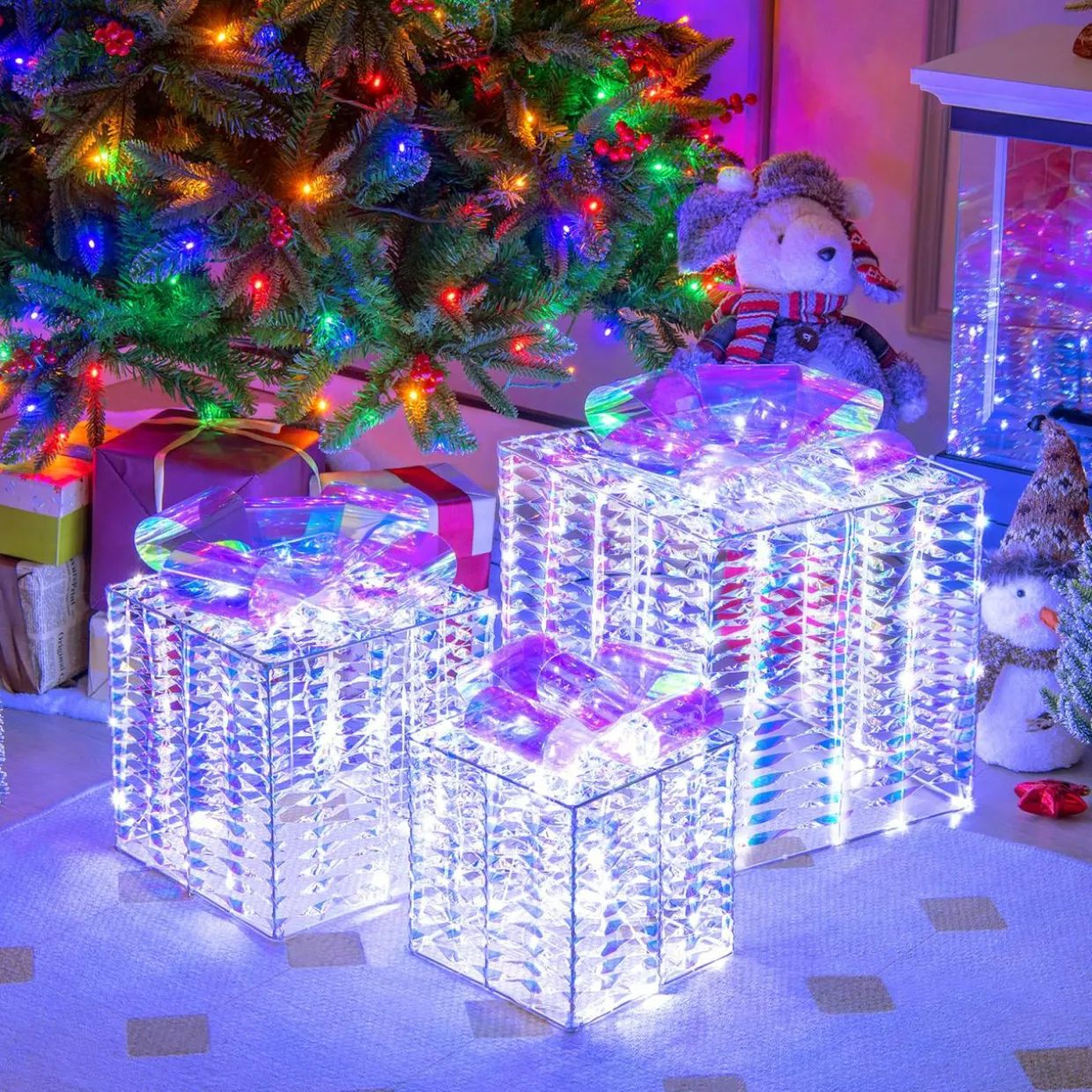 Tangkula Set of 3 Christmas Iridescent Box, 156 Cold White LED Lighted Present Boxes with Iridescent Bows