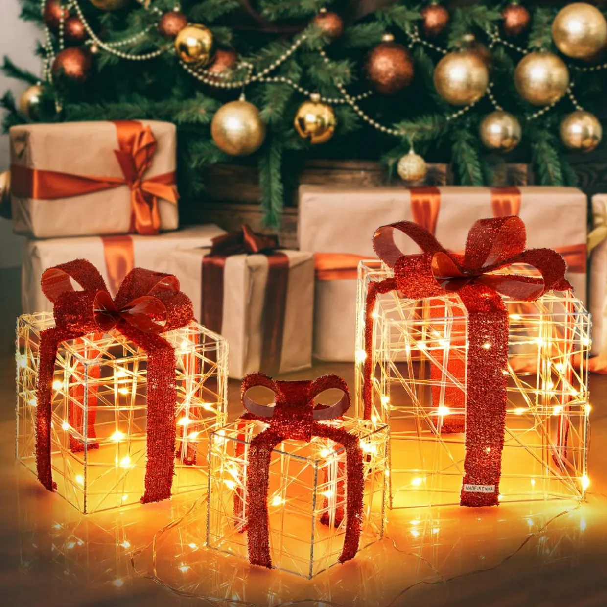 Tangkula Set of 3 Christmas Lighted Gift Boxes for Outdoor Indoor Xmas Tree Holiday Decor