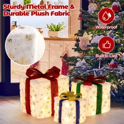 Tangkula Set of 3 Christmas Lighted Gift Boxes, Pre-lit Christmas Decoration with 48 Bright Warm Lights
