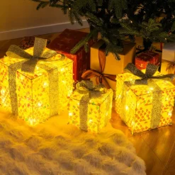 Tangkula Set of 3 Christmas Lighted Gift Boxes, Pre-lit 90 LED Light Up Present Box Decorations with Bows and Plug