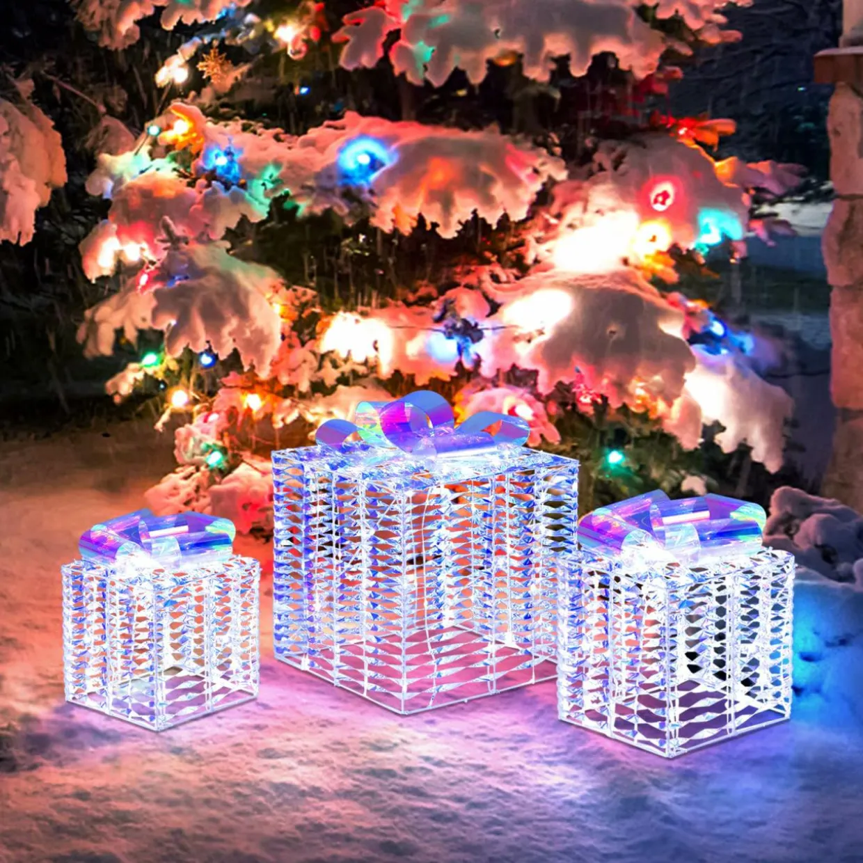 Tangkula Set of 3 Christmas Iridescent Box, 156 Cold White LED Lighted Present Boxes with Iridescent Bows