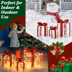 Tangkula Set of 3 Christmas Lighted Gift Boxes for Outdoor Indoor Xmas Tree Holiday Decor