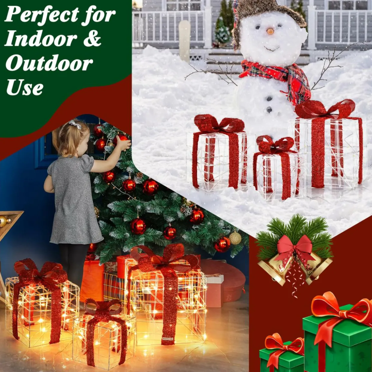Tangkula Set of 3 Christmas Lighted Gift Boxes for Outdoor Indoor Xmas Tree Holiday Decor