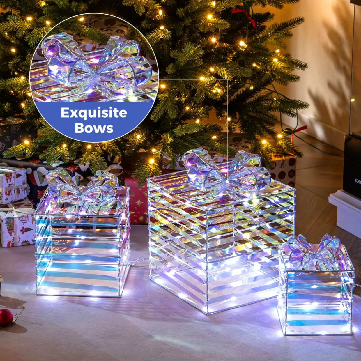 Tangkula Set of 3 Christmas Lighted Gift Boxes, Pre-lit 90 LED Light Up Present Box Decorations