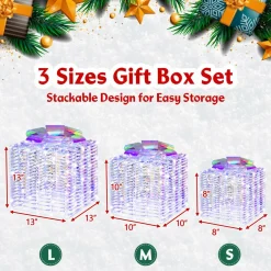 Tangkula Set of 3 Christmas Iridescent Box, 156 Cold White LED Lighted Present Boxes with Iridescent Bows