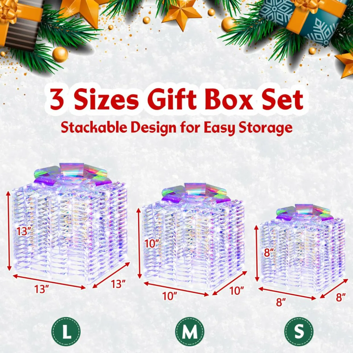 Tangkula Set of 3 Christmas Iridescent Box, 156 Cold White LED Lighted Present Boxes with Iridescent Bows