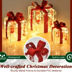 Tangkula Set of 3 Christmas Lighted Gift Boxes for Outdoor Indoor Xmas Tree Holiday Decor