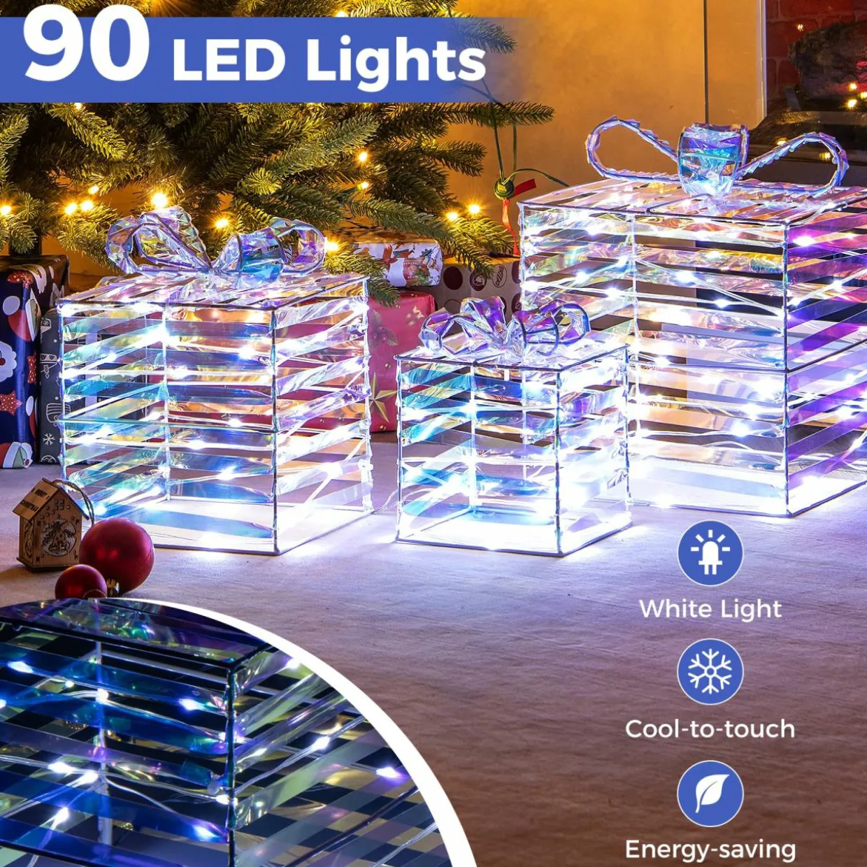 Tangkula Set of 3 Christmas Lighted Gift Boxes, Pre-lit 90 LED Light Up Present Box Decorations