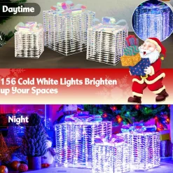 Tangkula Set of 3 Christmas Iridescent Box, 156 Cold White LED Lighted Present Boxes with Iridescent Bows