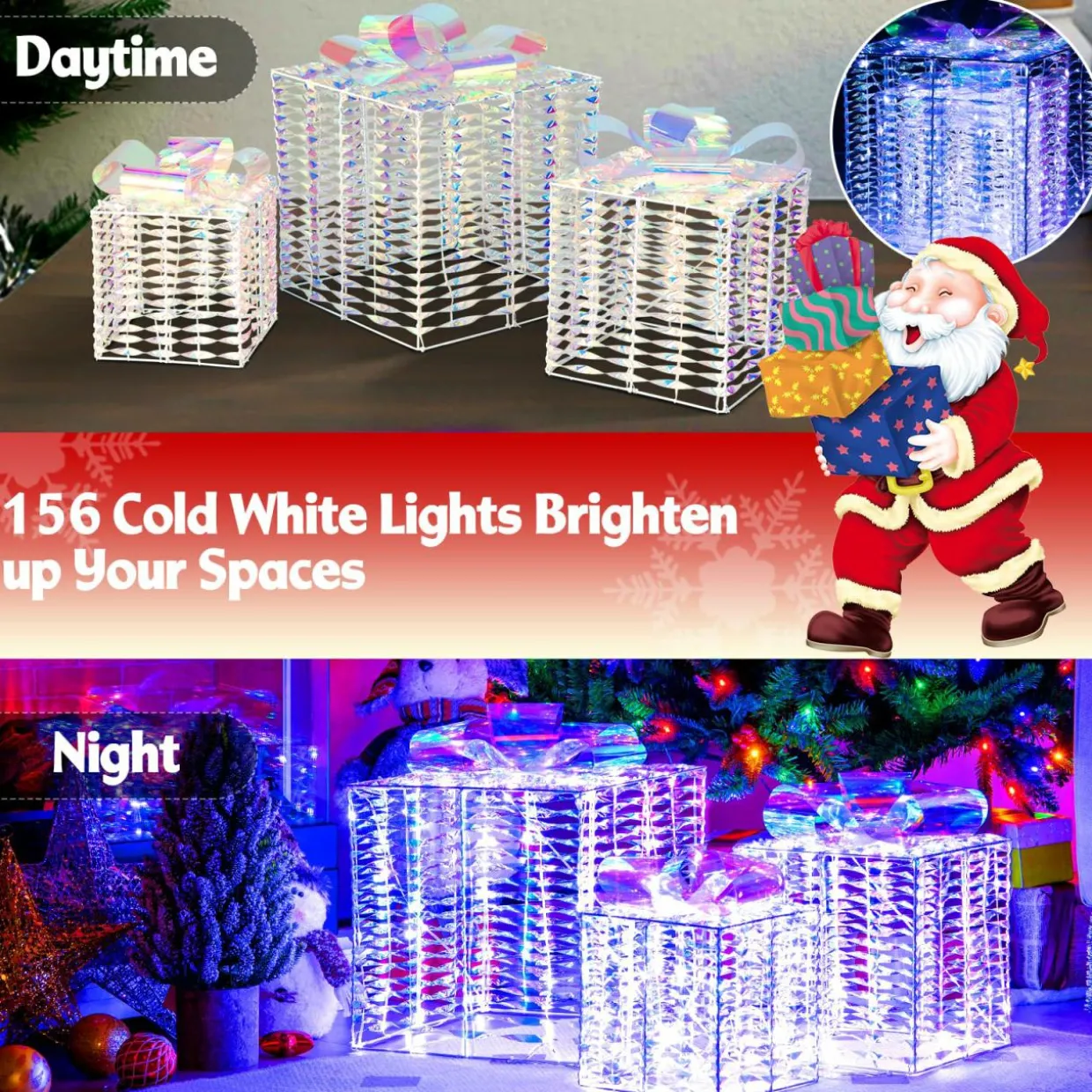 Tangkula Set of 3 Christmas Iridescent Box, 156 Cold White LED Lighted Present Boxes with Iridescent Bows