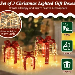 Tangkula Set of 3 Christmas Lighted Gift Boxes for Outdoor Indoor Xmas Tree Holiday Decor