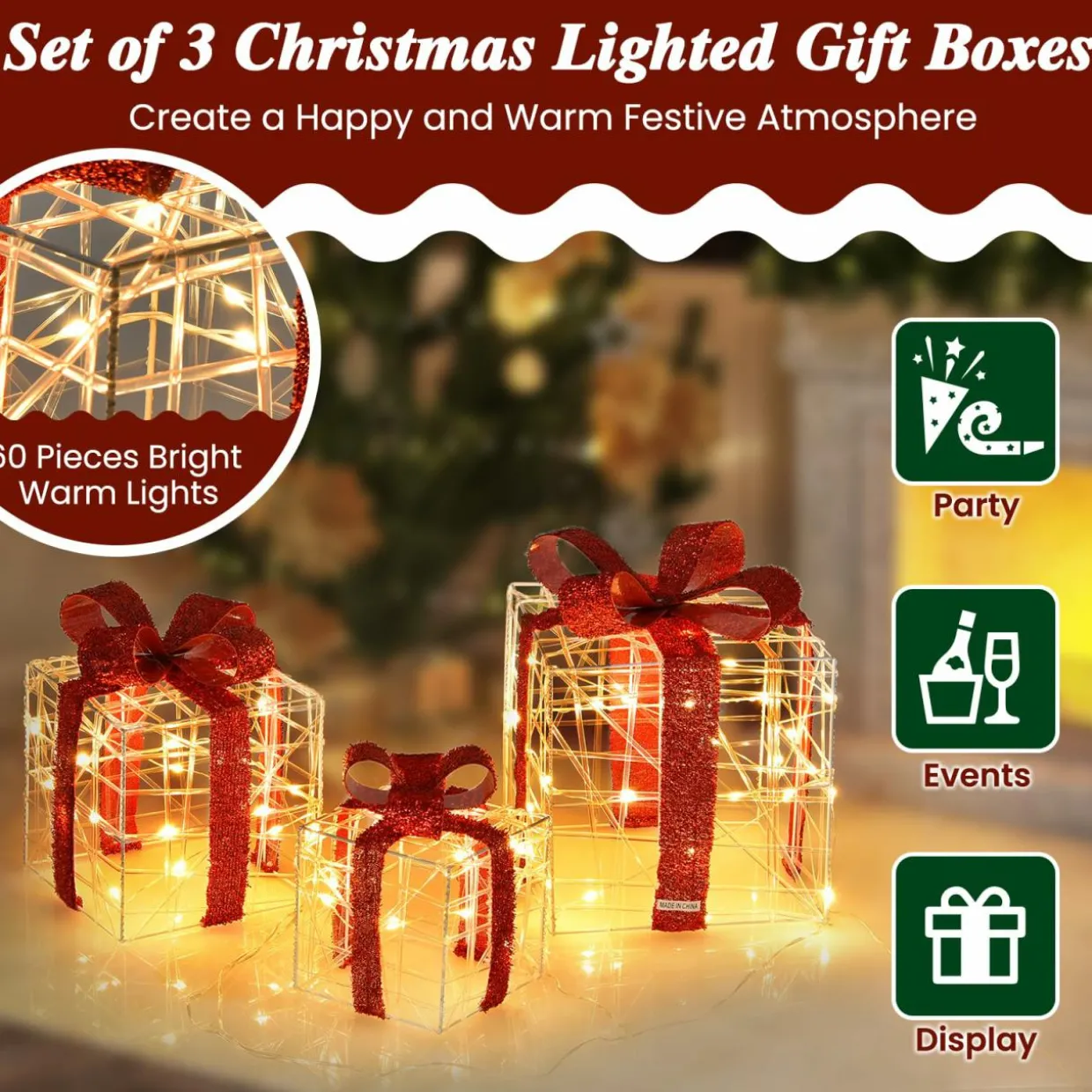 Tangkula Set of 3 Christmas Lighted Gift Boxes for Outdoor Indoor Xmas Tree Holiday Decor