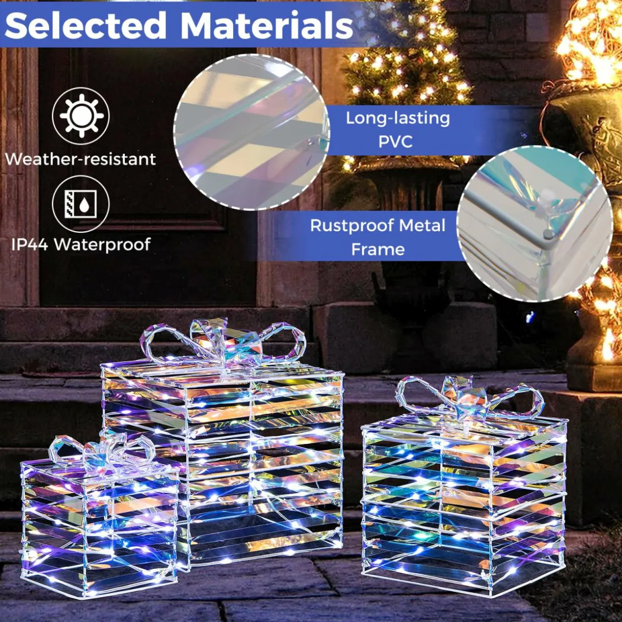 Tangkula Set of 3 Christmas Lighted Gift Boxes, Pre-lit 90 LED Light Up Present Box Decorations