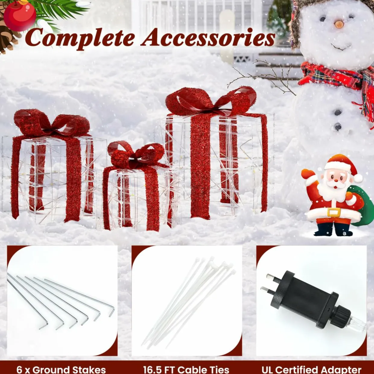 Tangkula Set of 3 Christmas Lighted Gift Boxes for Outdoor Indoor Xmas Tree Holiday Decor