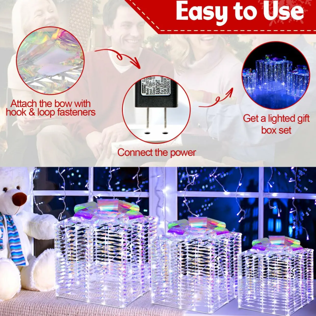 Tangkula Set of 3 Christmas Iridescent Box, 156 Cold White LED Lighted Present Boxes with Iridescent Bows