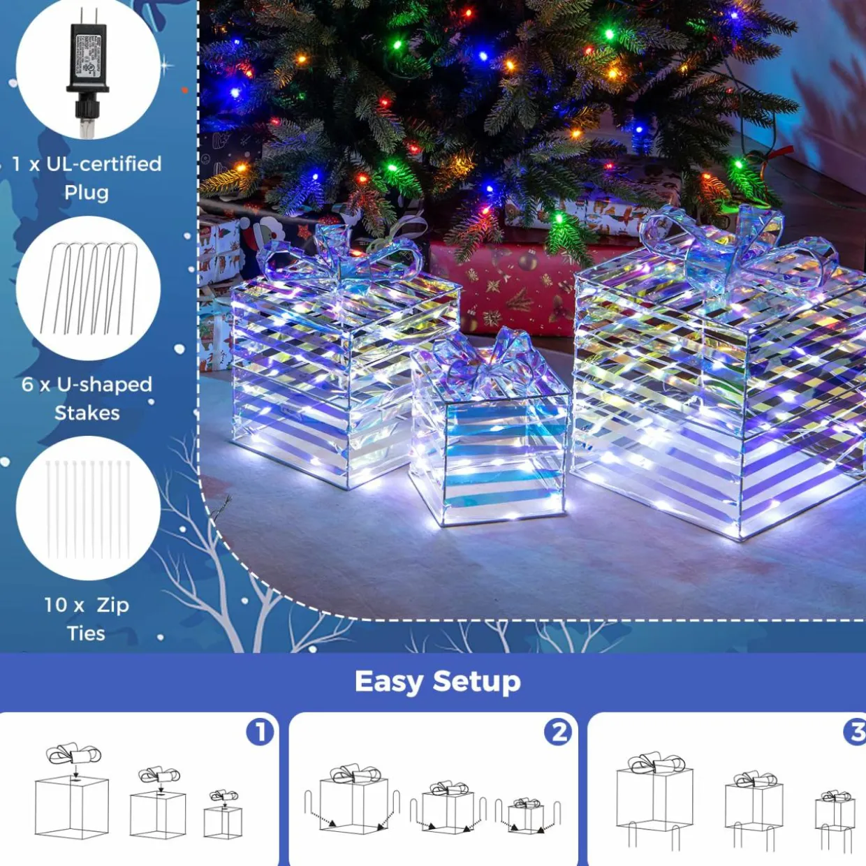 Tangkula Set of 3 Christmas Lighted Gift Boxes, Pre-lit 90 LED Light Up Present Box Decorations