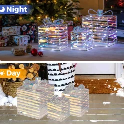 Tangkula Set of 3 Christmas Lighted Gift Boxes, Pre-lit 90 LED Light Up Present Box Decorations