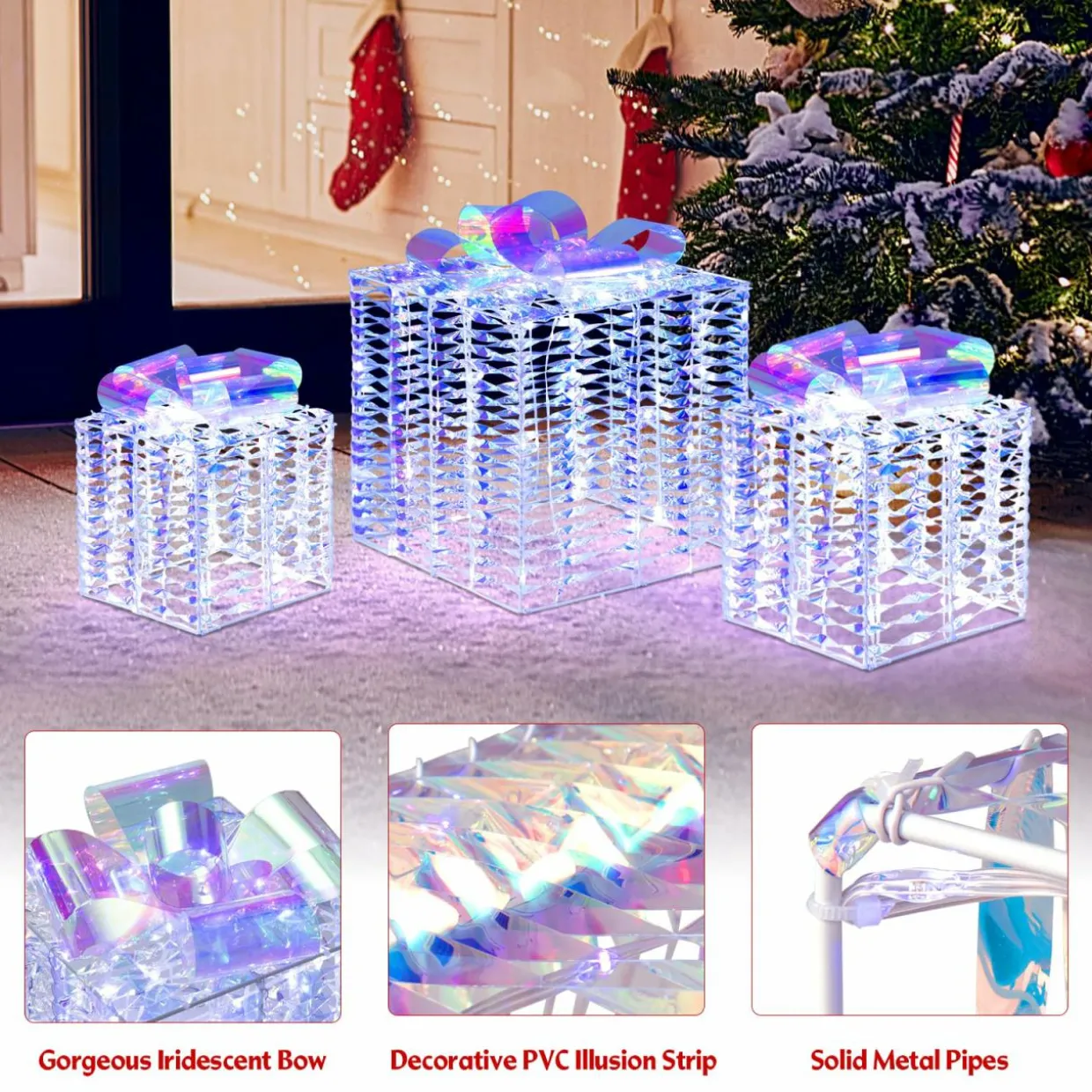 Tangkula Set of 3 Christmas Iridescent Box, 156 Cold White LED Lighted Present Boxes with Iridescent Bows