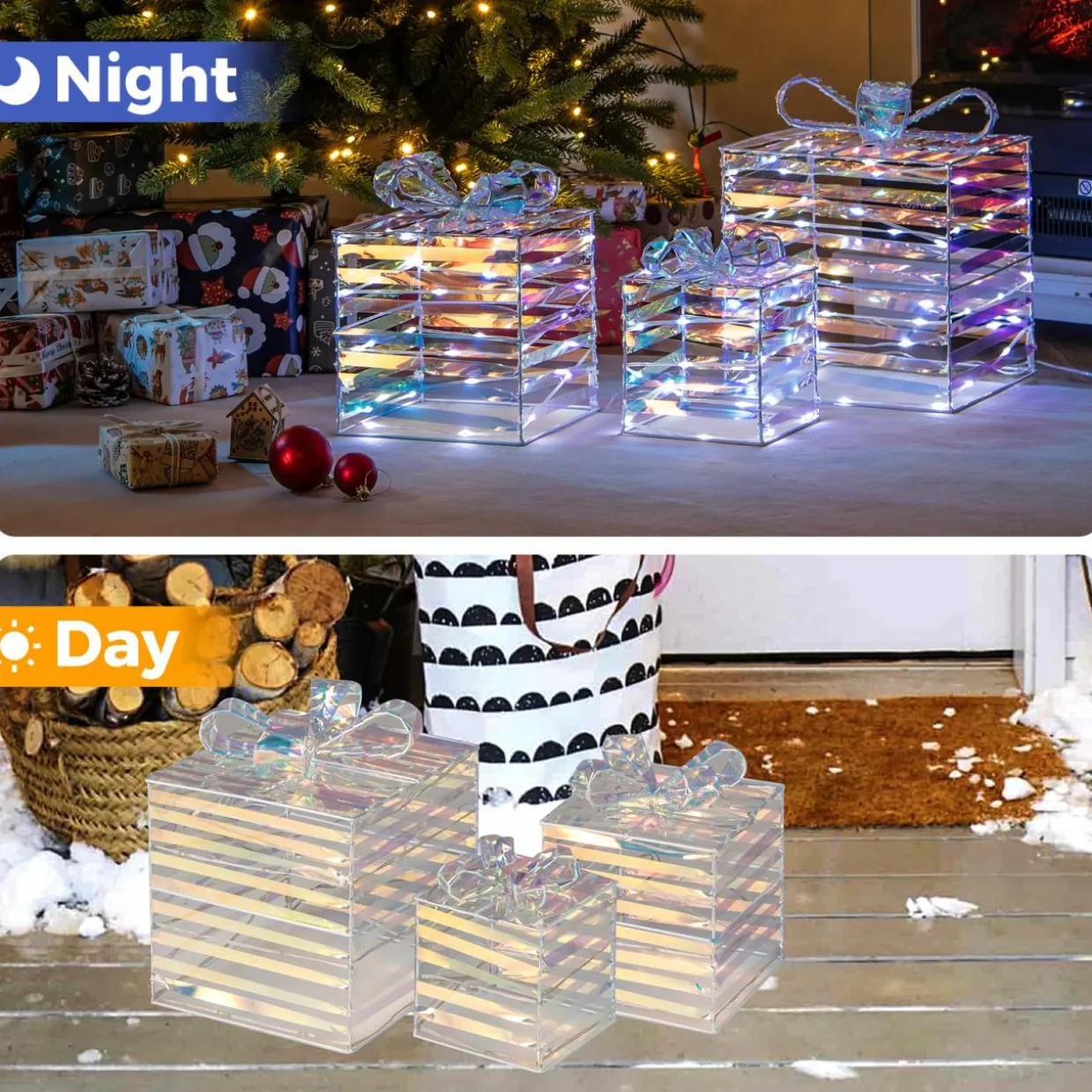 Tangkula Set of 3 Christmas Lighted Gift Boxes, Pre-lit 90 LED Light Up Present Box Decorations