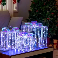 Tangkula Set of 3 Christmas Iridescent Box, 156 Cold White LED Lighted Present Boxes with Iridescent Bows