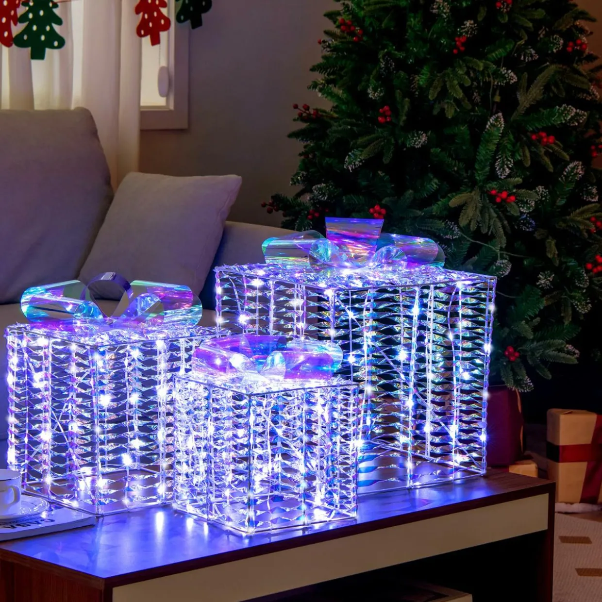 Tangkula Set of 3 Christmas Iridescent Box, 156 Cold White LED Lighted Present Boxes with Iridescent Bows