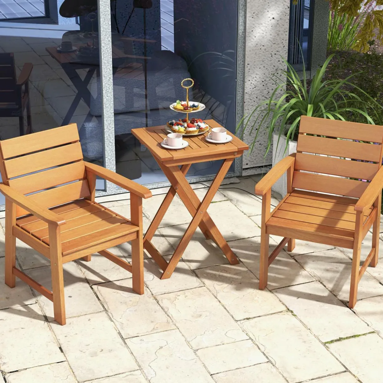 Tangkula Set of 2 Hardwood Patio Dining Chair, Wood Dining Armchairs with Breathable Slatted Seat & Inclined Backrest