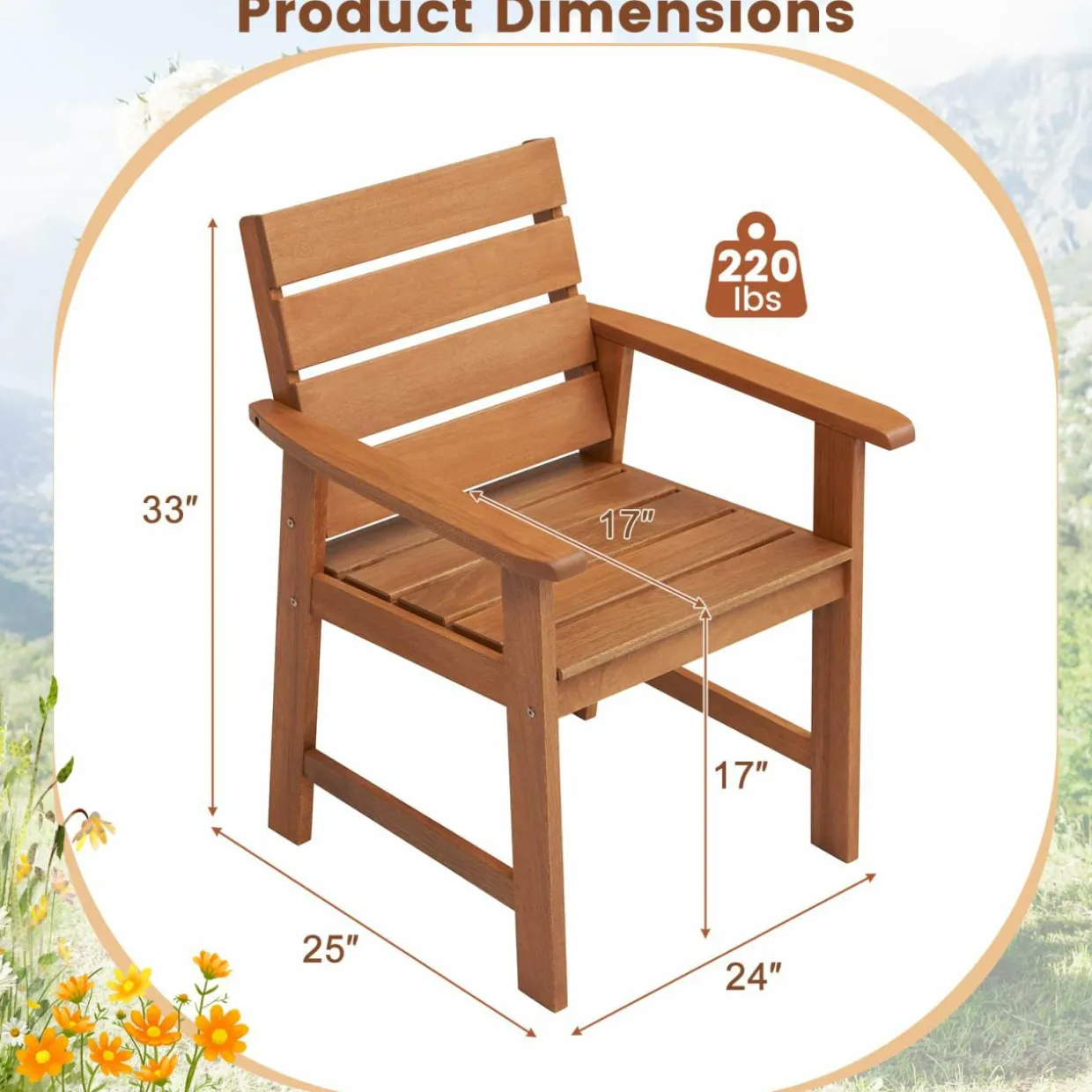 Tangkula Set of 2 Hardwood Patio Dining Chair, Wood Dining Armchairs with Breathable Slatted Seat & Inclined Backrest