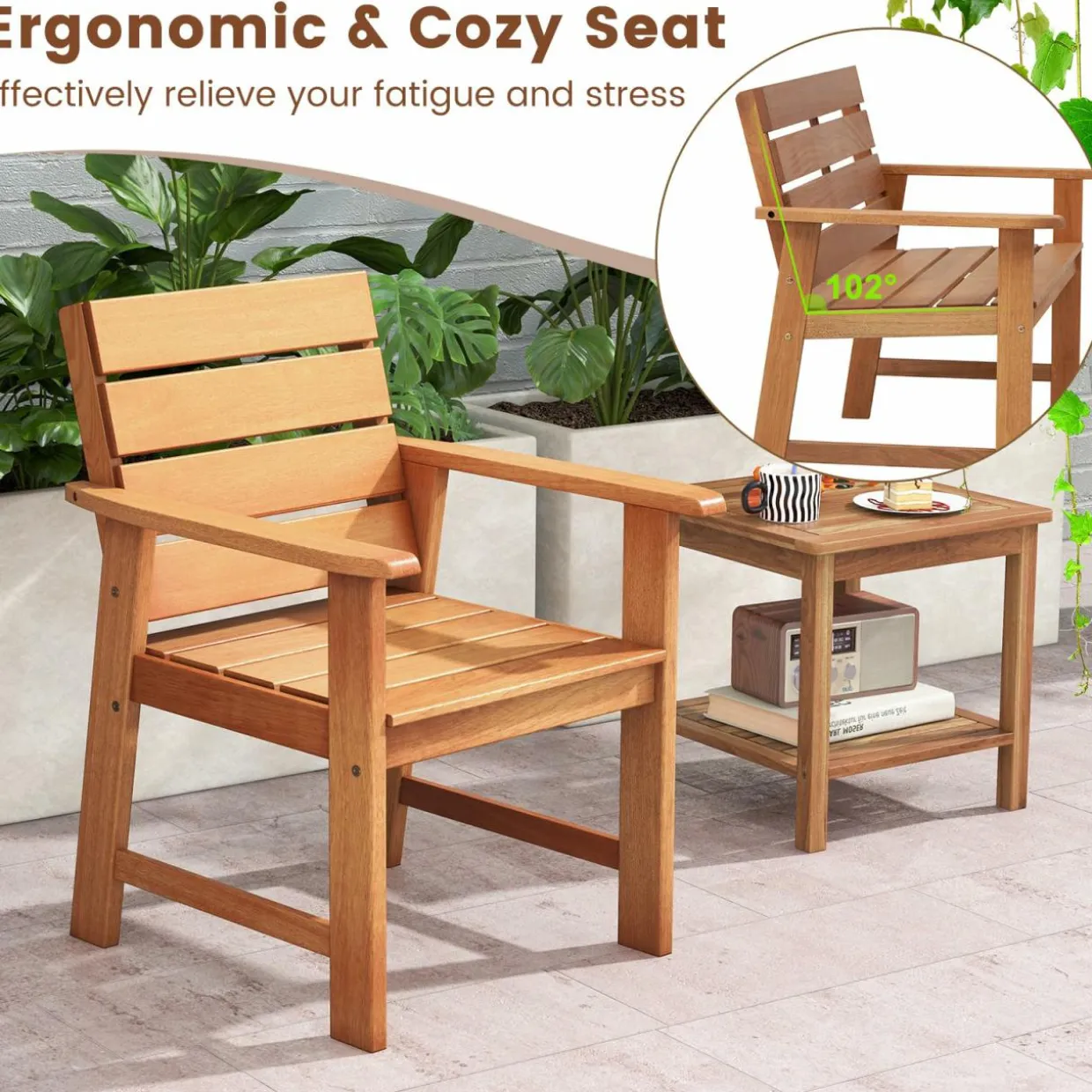 Tangkula Set of 2 Hardwood Patio Dining Chair, Wood Dining Armchairs with Breathable Slatted Seat & Inclined Backrest
