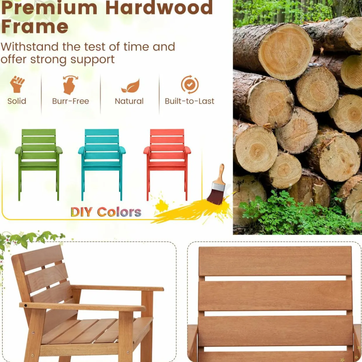 Tangkula Set of 2 Hardwood Patio Dining Chair, Wood Dining Armchairs with Breathable Slatted Seat & Inclined Backrest