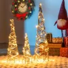 Tangkula Set of 3 Lighted Christmas Rattan Cone Trees, Holiday Decorative Trees with LED Lights and Metal Frame
