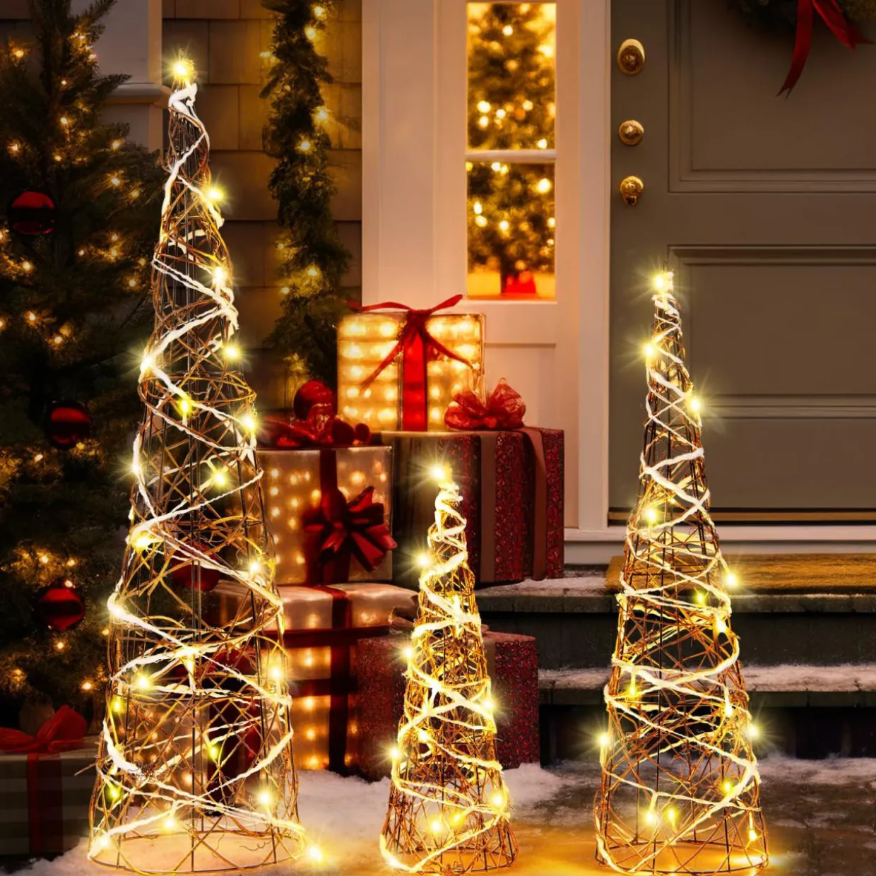Tangkula Set of 3 Lighted Christmas Rattan Cone Trees, Holiday Decorative Trees with LED Lights and Metal Frame