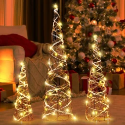 Tangkula Set of 3 Lighted Christmas Rattan Cone Trees, Holiday Decorative Trees with LED Lights and Metal Frame