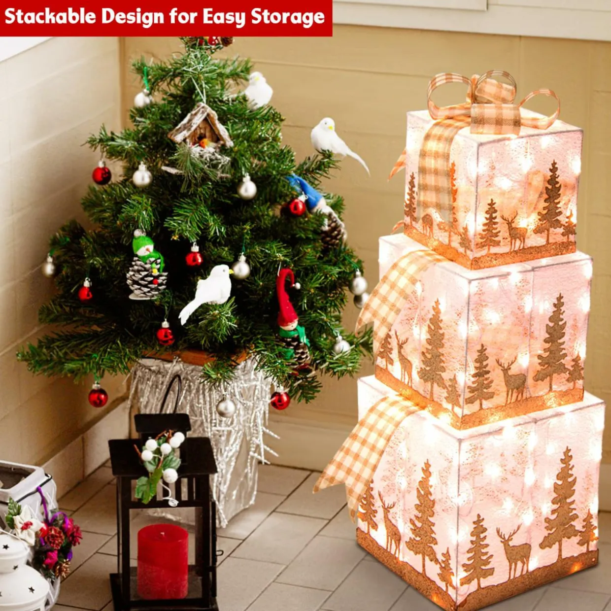 Tangkula Set of 3 Lighted Christmas Box, Pre-lit Present Boxes with 100 Warm White Lights