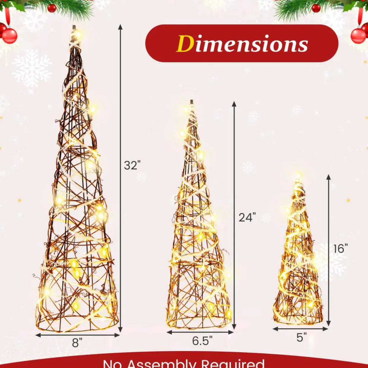 Tangkula Set of 3 Lighted Christmas Rattan Cone Trees, Holiday Decorative Trees with LED Lights and Metal Frame