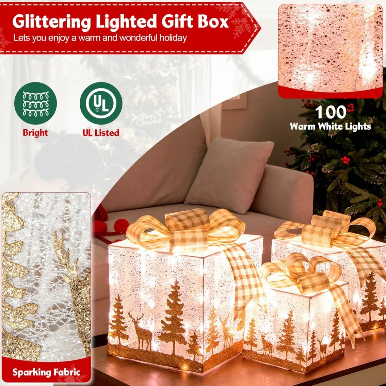 Tangkula Set of 3 Lighted Christmas Box, Pre-lit Present Boxes with 100 Warm White Lights