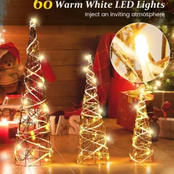 Tangkula Set of 3 Lighted Christmas Rattan Cone Trees, Holiday Decorative Trees with LED Lights and Metal Frame
