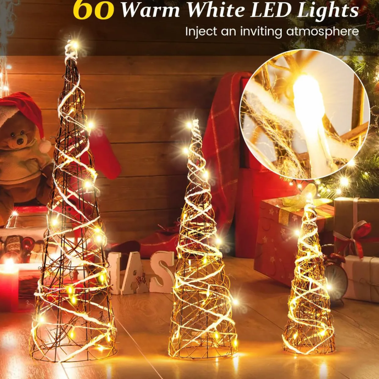 Tangkula Set of 3 Lighted Christmas Rattan Cone Trees, Holiday Decorative Trees with LED Lights and Metal Frame